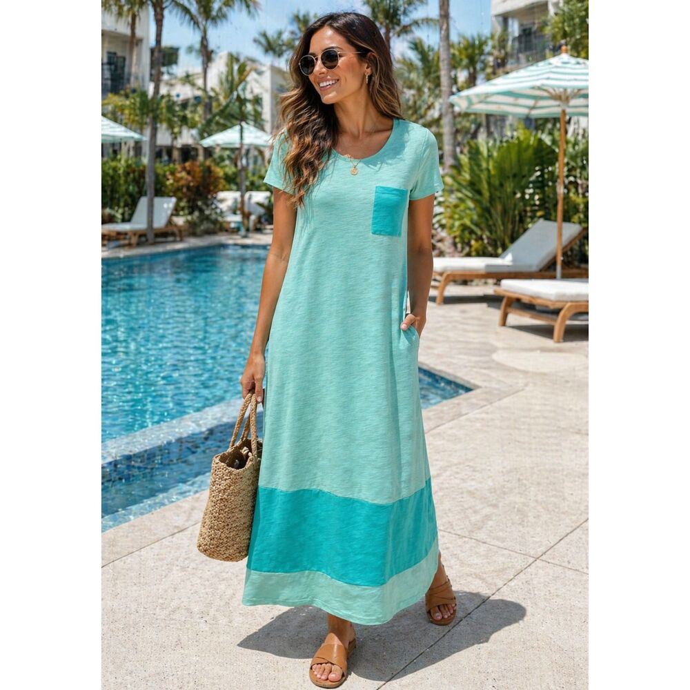 Belle by Kim Gravel Aqua Teal Colorblock Maxi Dress Pocket Casual Size M